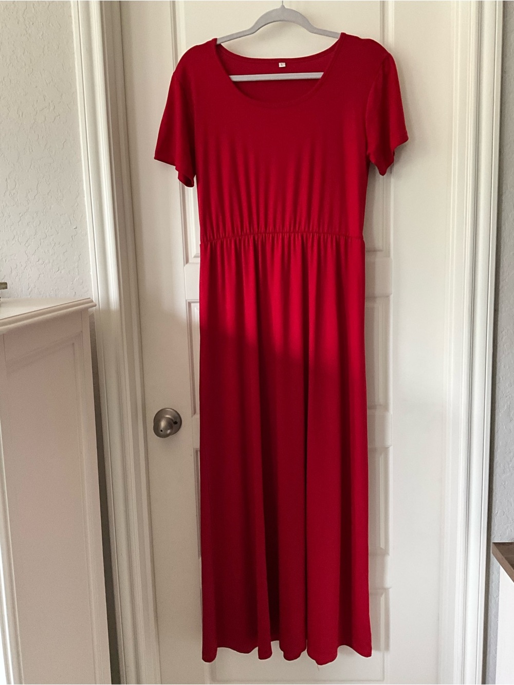 Red Short-Sleeve Maxi Dress with Elastic Waist
